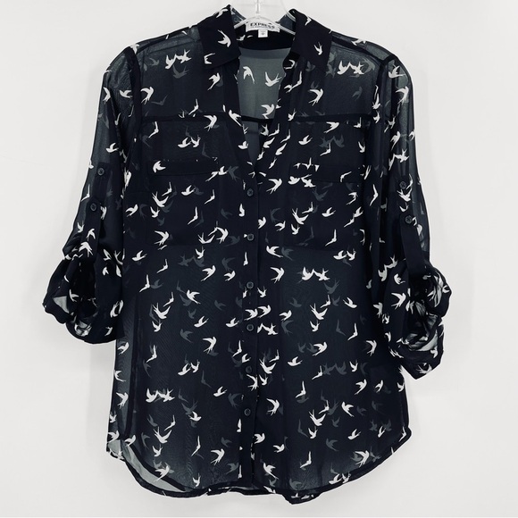 Express Portofino Sheer Black Bird Print Roll-Tab Sleeve Button-Down Shirt - Picture 3 of 10
